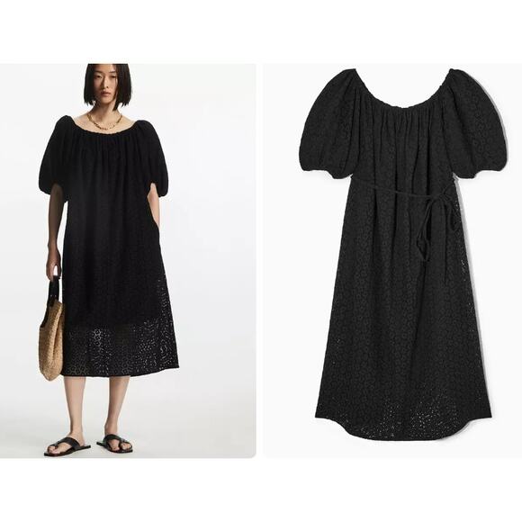 COS off shoulder Broderie Anglaise black cotton eyelet midi dress puff sleeve 4 - Picture 1 of 10